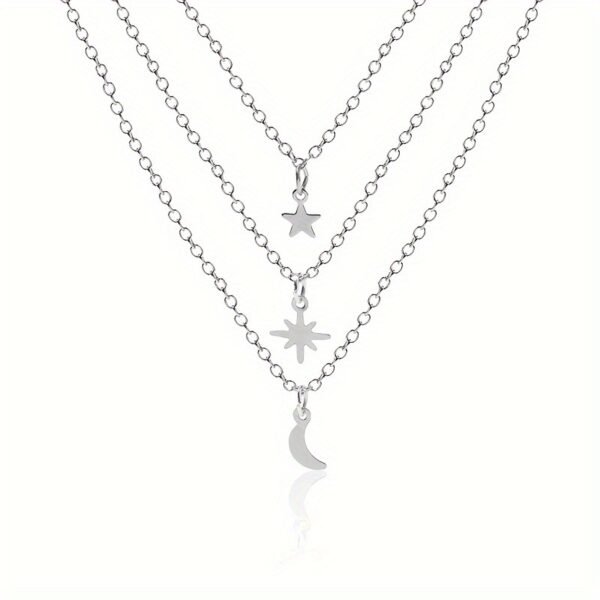 Mehrlagige Stern- und Mond-Anhänger Halskette – Trendiger Lagenlook – Bild 9