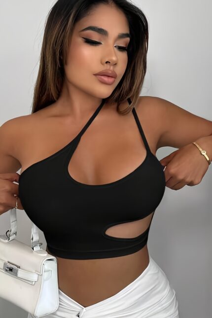 One Shoulder Cut Out Cami Top, Sexy Solid Color Sleeveless Backless Crop Top For Summer, Women's Clothing