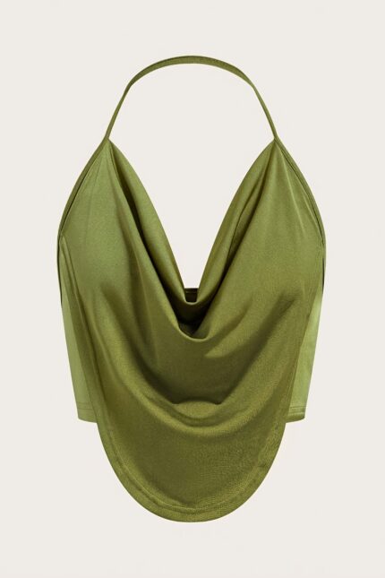 Women'S Elegant Halter Top - 100% Polyester Knit Fabric, Asymmetrical Hem, Off-Shoulder Neckline, Solid Color, Medium Stretch, Sleeveless, Summer Casual Party Wear, H-Contour, Regular Fit, 100g/m² - Contrast Collar Detail