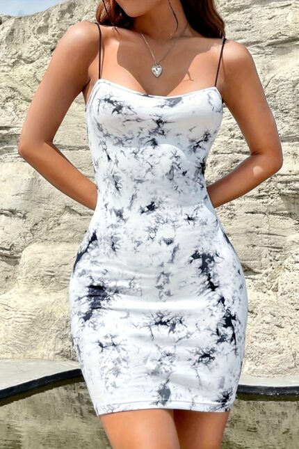 Women's Tie Dye Print Sexy Lounge Dress, Plunging Neck Backless Bodycon Slip Dress, Comfortable Home Wear