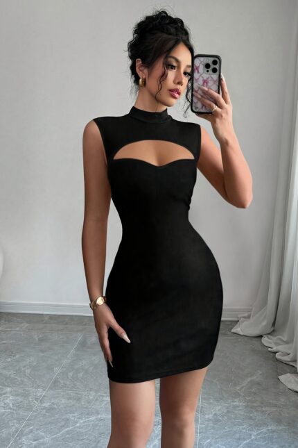 Women's Sexy Black Sleeveless Bodycon Dress with Keyhole Neckline - Stretchy Knit Fabric, Form-Fitting Silhouette for Spring Summer Fall, Machine Washable Chic Party & Casual Outfits