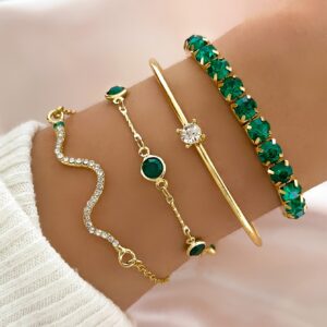 4pcs/Set Elegant Green Imitation Gemstone Rhinestone Claw Chain Snake Bracelet Open Bangle For Women