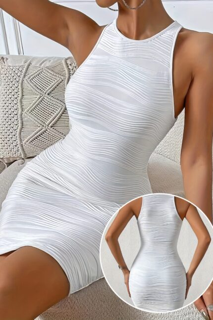 Textured Crew Neck Tank Dress, Sexy Sleeveless Bodycon Dress For Spring & Summer, Women's Clothing