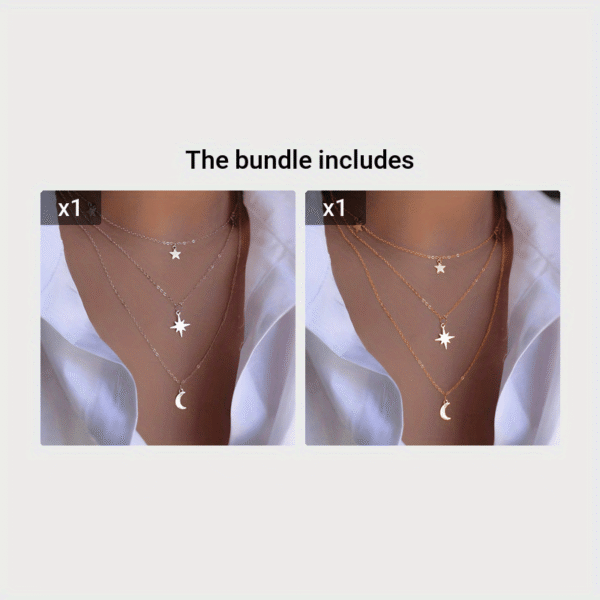 Mehrlagige Stern- und Mond-Anhänger Halskette – Trendiger Lagenlook – Bild 6