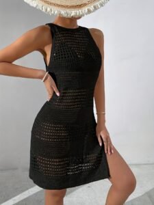 White Crochet Cover-Up Dress – Sleeveless with Side Slit, Perfect for Summer