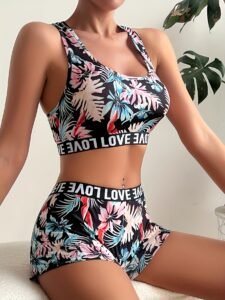 Ensemble de sport femme – motif tropical, taille haute & opaque