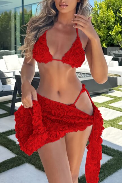 Neuer Sexy Mesh Blumen Dreiteiliger Bikini mit Bindeband – 2025 Trend