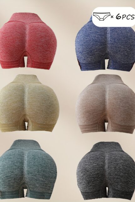 6pcs Women’s High Waist Yoga Shorts - Hip Lifting, Tummy Control, Quick-Dry, Anti-Chafing Gym Pants, Breathable Nylon Blend, Assorted Colors (Red, Blue, Beige, Light Gray, Dark Greenish-Blue, Black)