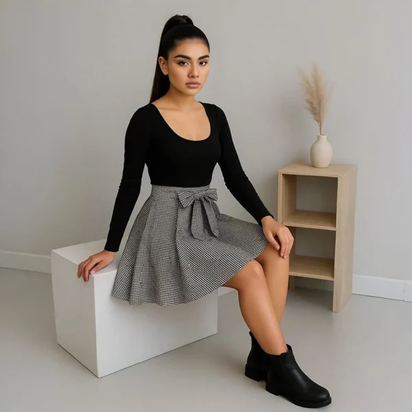 Gingham Kleid mit langen Ärmeln – Bild 3