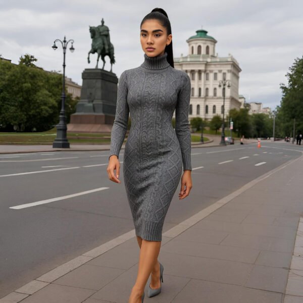 Damens Eleganter Rippstrickpullover mit Hochsteck - Langarm Herbst-Winter-Pullover, Mitteldehnbarer Stoff, Unifarben, Handwäsche/Reinigung, Vielseitig für Casual & Formelle Outfits, Herbstmode, Strukturiertes Muster – Bild 4