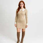 Rochie mulată cu guler contrastant și decupaj keyhole – Rochie mini elegantă cu mâneci lungi pentru primăvară & toamnă - imagine 5