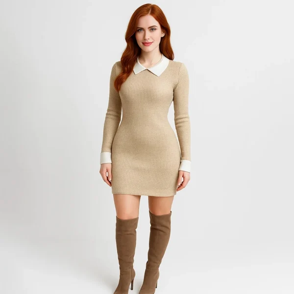 Rochie mulată cu guler contrastant și decupaj keyhole – Rochie mini elegantă cu mâneci lungi pentru primăvară & toamnă - imagine 5