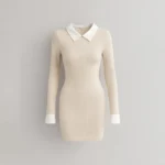 Rochie mulată cu guler contrastant și decupaj keyhole – Rochie mini elegantă cu mâneci lungi pentru primăvară & toamnă