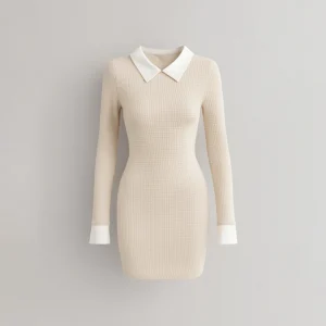 Kontrastkragen-Schlüsselloch-Figurbetontes Kleid, Elegantes Langarm-Minikleid für Frühling & Herbst, Damenbekleidung