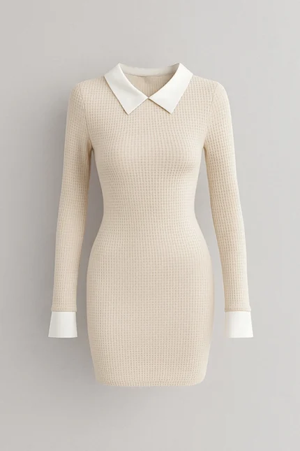 Rochie mulată cu guler contrastant și decupaj keyhole – Rochie mini elegantă cu mâneci lungi pentru primăvară & toamnă