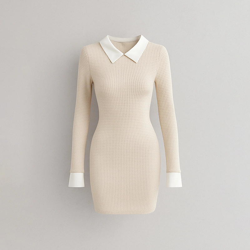 8p copy Rochie mulată cu guler contrastant și decupaj keyhole – Rochie mini elegantă cu mâneci lungi pentru primăvară & toamnă - imagine 1