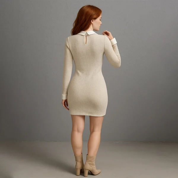 Rochie mulată cu guler contrastant și decupaj keyhole – Rochie mini elegantă cu mâneci lungi pentru primăvară & toamnă - imagine 4