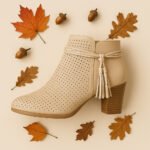 Damen Ankle Boots Beige – Stiefeletten mit Lochmuster, Blockabsatz & Tassel-Details – Bild 4