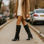 Damen High Heel Stiefel Schwarz – Kniehohe Stiefel mit Blockabsatz aus Kunstleder