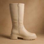 Damen Stiefel Beige – Mid-Calf Boots mit Chunky-Sohle & Seitlichem Reißverschluss – Bild 2