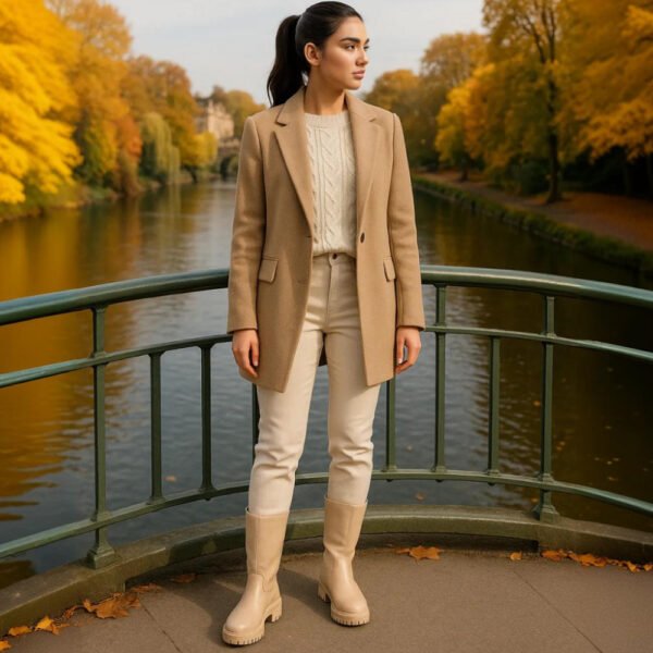 Damen Stiefel Beige – Mid-Calf Boots mit Chunky-Sohle & Seitlichem Reißverschluss – Bild 8