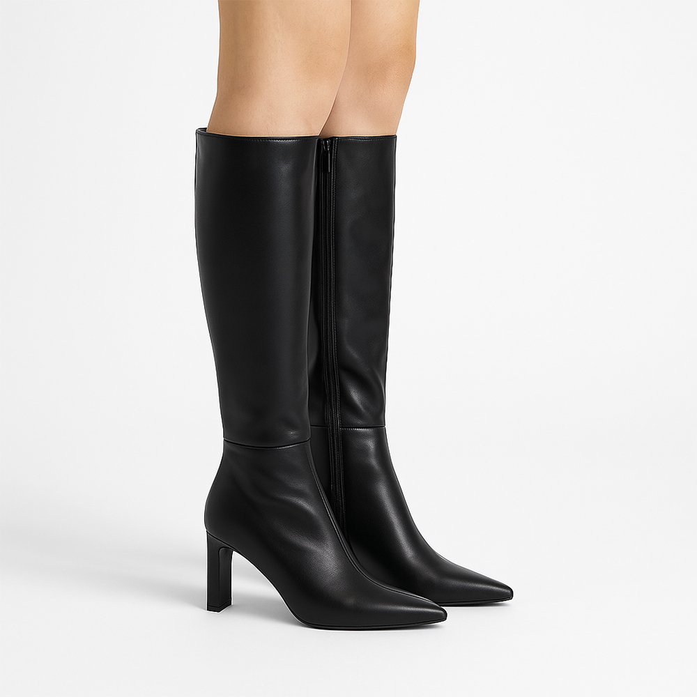 2 Damen High Heel Stiefel Schwarz – Kniehohe Stiefel mit Blockabsatz & Square Toe – Bild 1