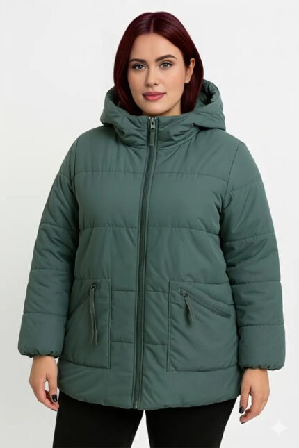 Damen Steppjacke Plus Size Grün – Warme Winterjacke mit Kapuze