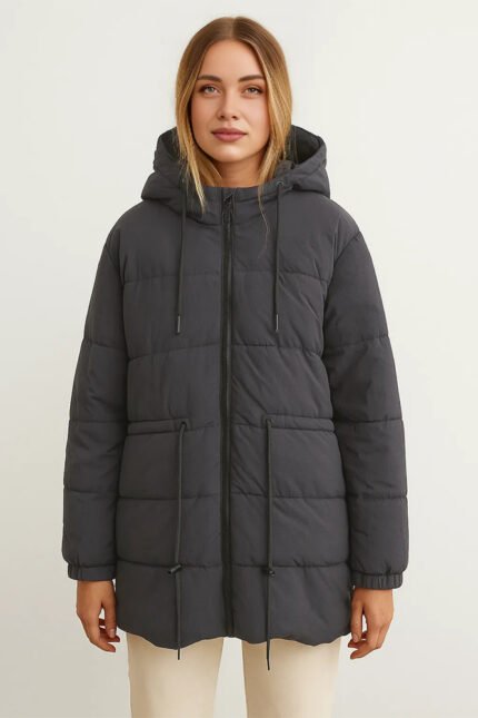 Damen Steppjacke Schwarz – Warme Winterjacke mit Kapuze & Kordelzug