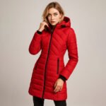Palton matlasat damă roșu – Palton de iarnă elegant cu glugă