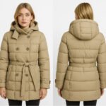 Palton matlasat damă bej – Palton elegant cu centură & glugă - imagine 3