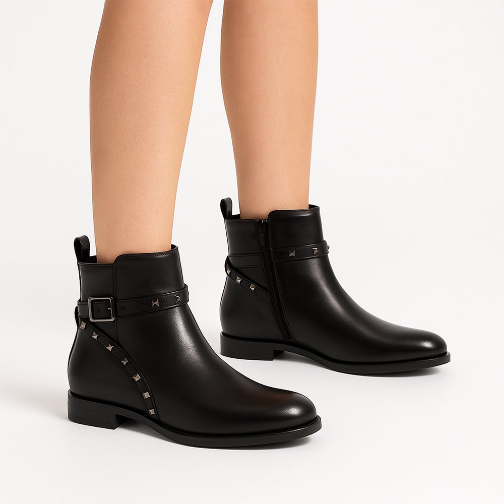 2 Damen Ankle Boots Schwarz – Elegante Stiefeletten mit Schnalle & Nieten-Details – Bild 1