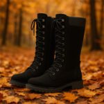 Damen Schnürstiefel Schwarz – Kniehohe Boots mit Reißverschluss & Profilsohle