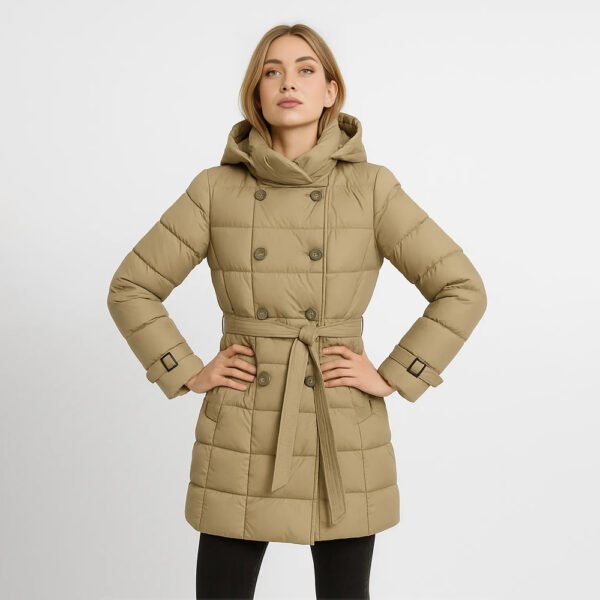 Palton matlasat damă bej – Palton elegant cu centură & glugă - imagine 4