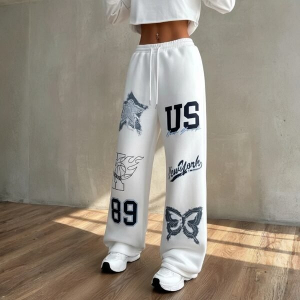 Women’s White Jogger Pants with Graphic Print – Urban Streetwear - Image 4