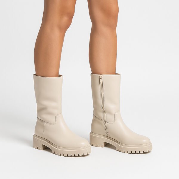 Damen Stiefel Beige – Mid-Calf Boots mit Chunky-Sohle & Seitlichem Reißverschluss – Bild 5