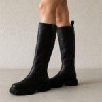 Damen Stiefel Schwarz – Kniehohe Boots mit Chunky-Sohle & Reißverschluss