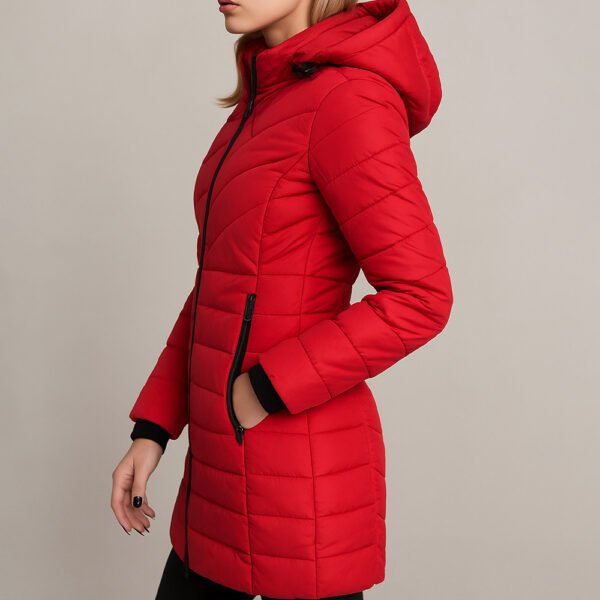 Palton matlasat damă roșu – Palton de iarnă elegant cu glugă - imagine 4