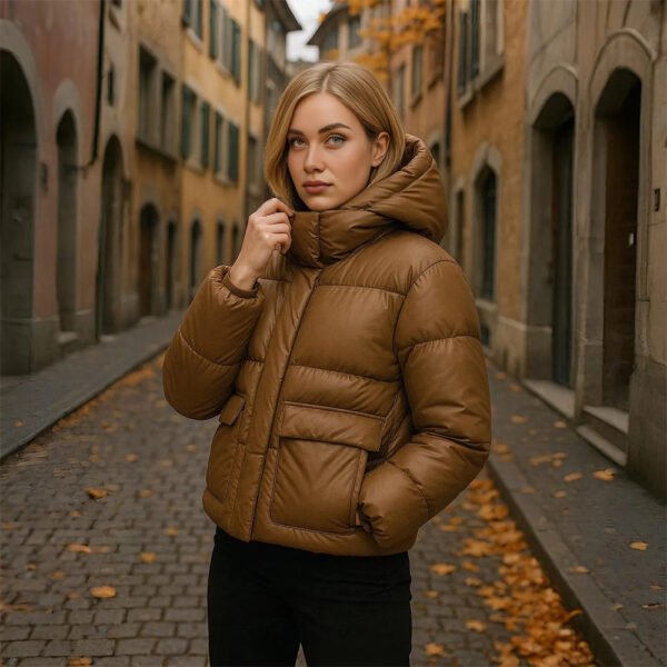 Doudoune Femme Marron – Manteau d’Hiver Chaud avec Capuche & Grandes Poches – Image 4