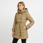 Palton matlasat damă bej – Palton elegant cu centură & glugă