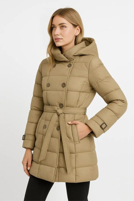 Manteau matelassé femme beige – Manteau élégant avec ceinture & capuche