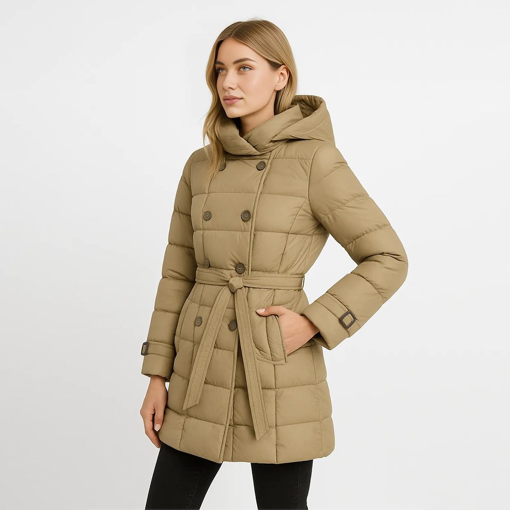 4 Palton matlasat damă bej – Palton elegant cu centură & glugă - imagine 1