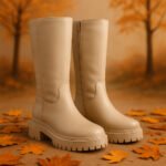 Damen Stiefel Beige – Mid-Calf Boots mit Chunky-Sohle & Seitlichem Reißverschluss
