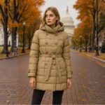 Palton matlasat damă bej – Palton elegant cu centură & glugă - imagine 5