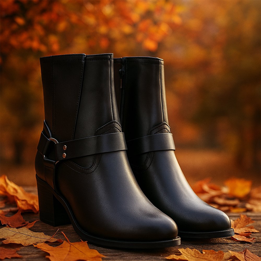 5 Damen Ankle Boots Schwarz – Elegante Stiefeletten mit Schnalle & Nieten-Details – Bild 1