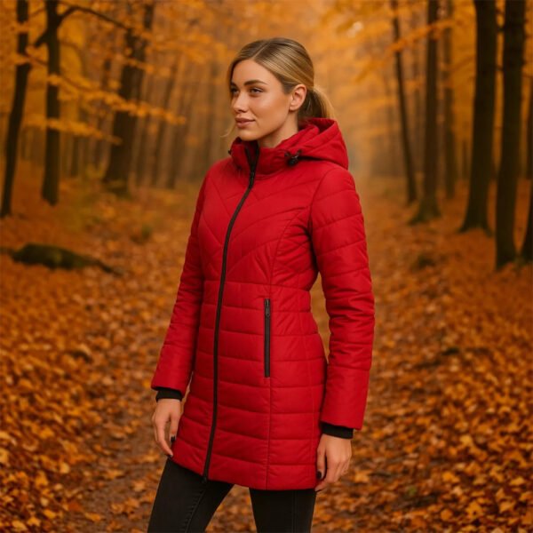 Palton matlasat damă roșu – Palton de iarnă elegant cu glugă - imagine 6