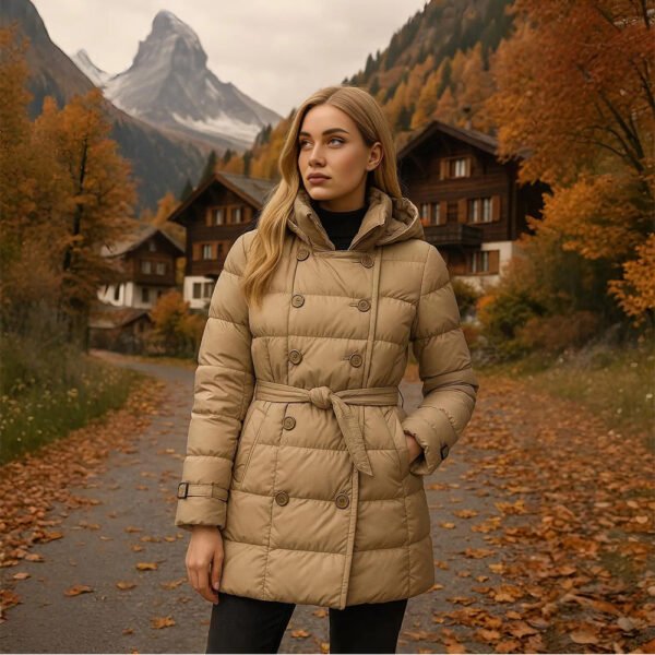 Palton matlasat damă bej – Palton elegant cu centură & glugă - imagine 6