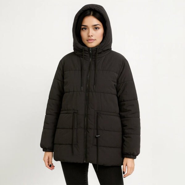 Geacă matlasată damă neagră – Geacă de iarnă călduroasă cu glugă & șnur de strângere - imagine 6