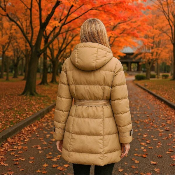 Palton matlasat damă bej – Palton elegant cu centură & glugă - imagine 7