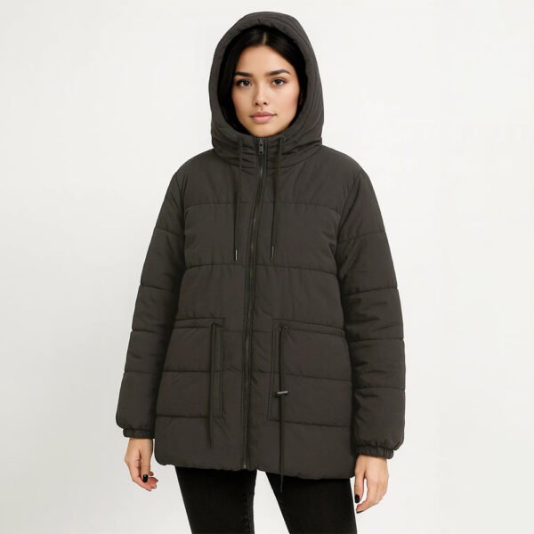 Geacă matlasată damă neagră – Geacă de iarnă călduroasă cu glugă & șnur de strângere - imagine 7