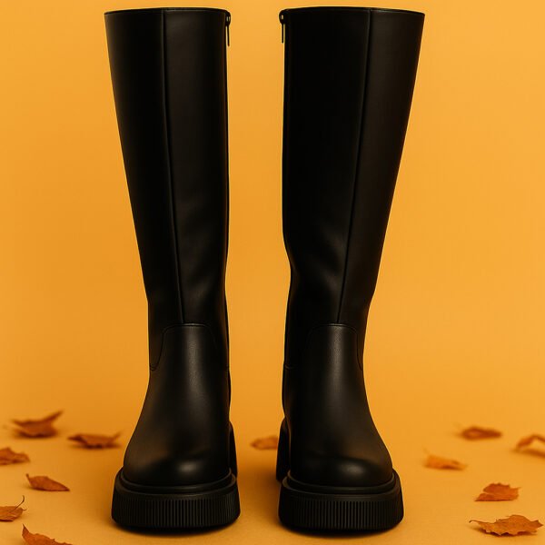 Damen Stiefel Schwarz – Kniehohe Boots mit Chunky-Sohle & Reißverschluss – Bild 8